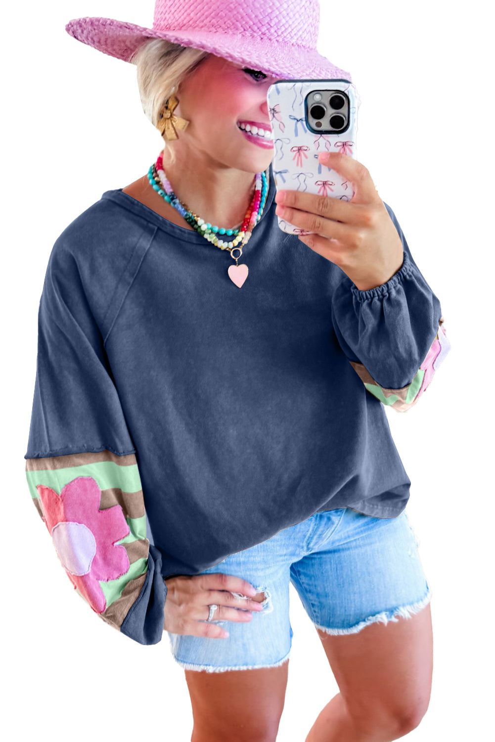 DUNE Flower Patchwork Exposed Seam Raglan Sleeve Top