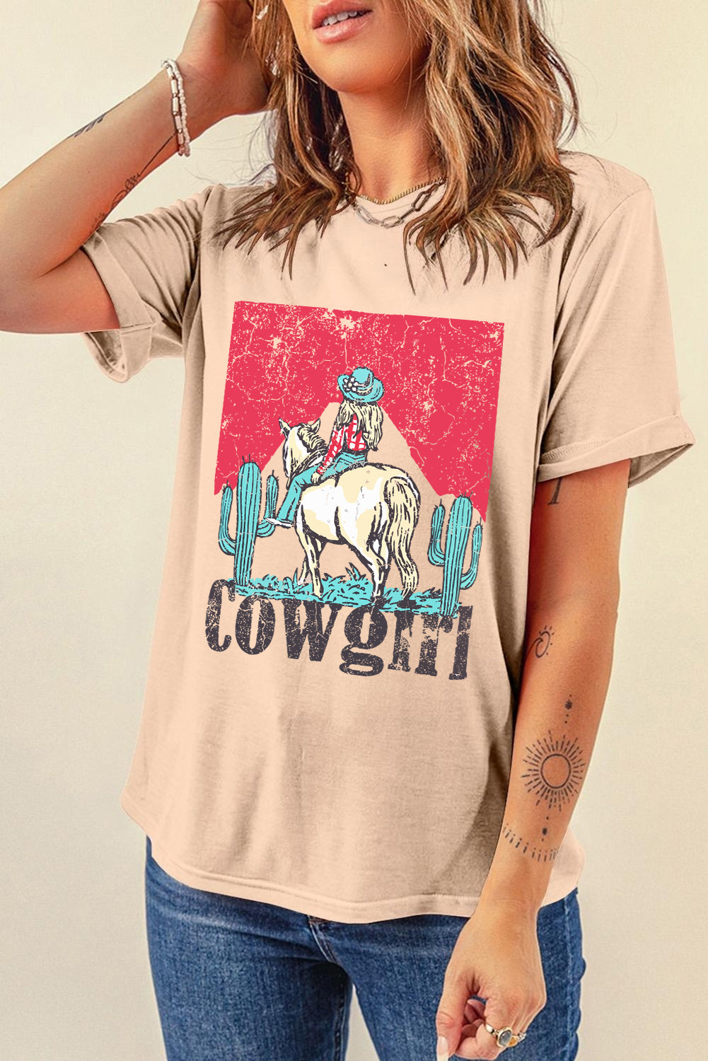 Khaki Cowgirl Slogan Print Rodeo Graphic Tee