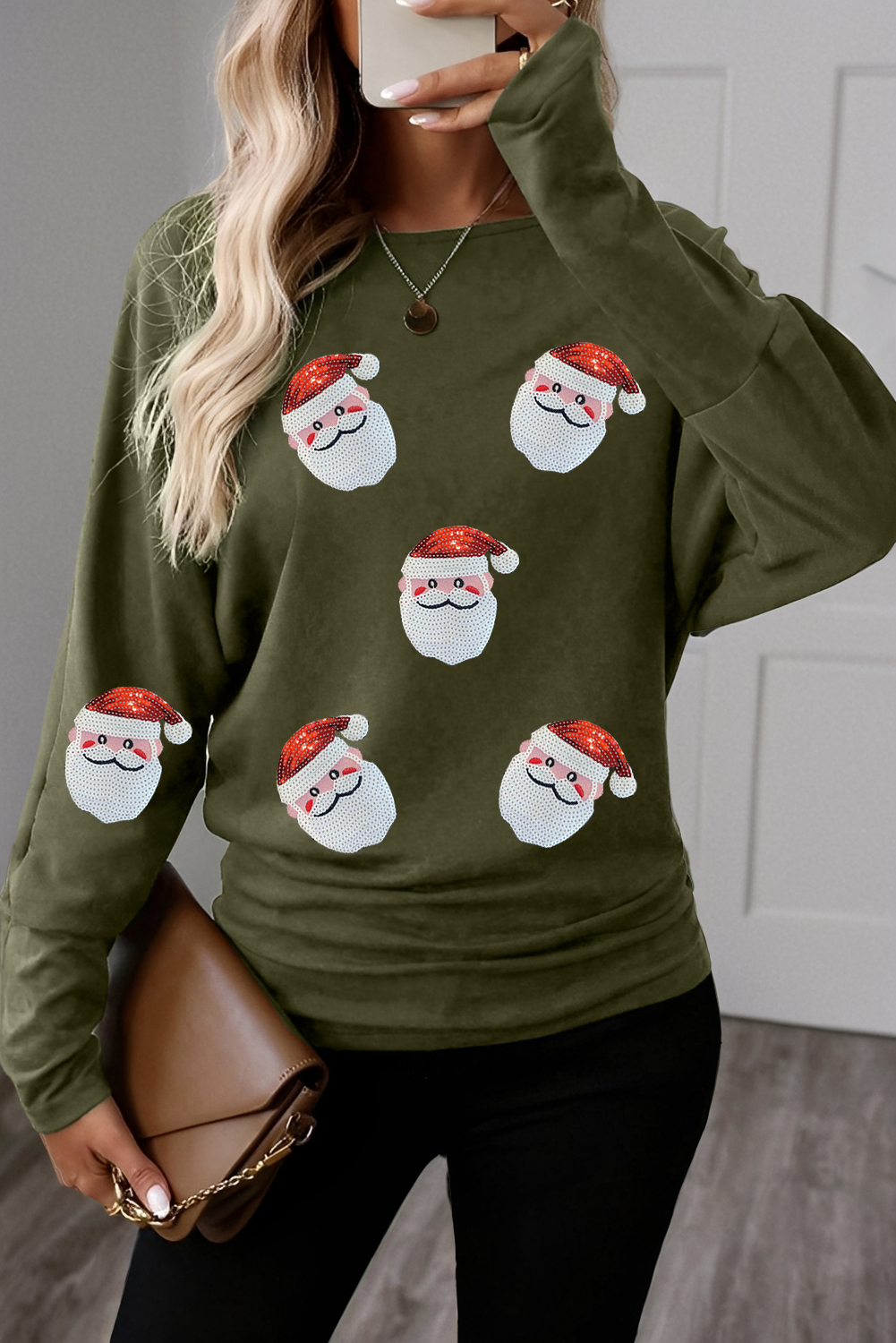 Christmas Sequin Santa Claus Patched Dolman Long Sleeve Top