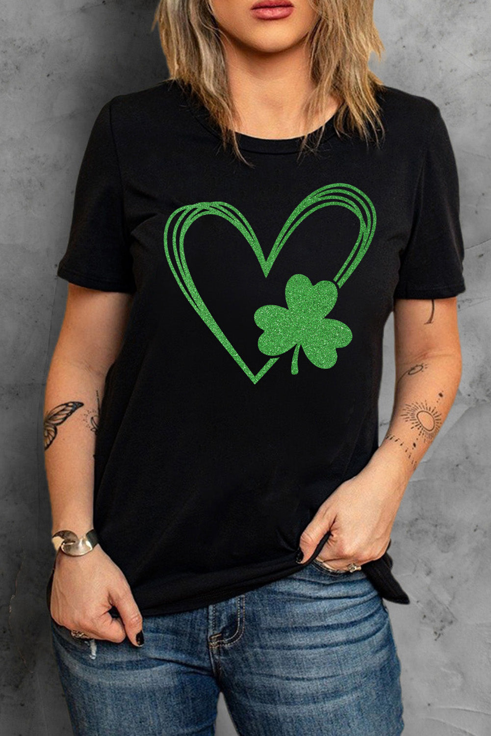 Black Glitter Clover Heart Print St Patricks Day Graphic Tee