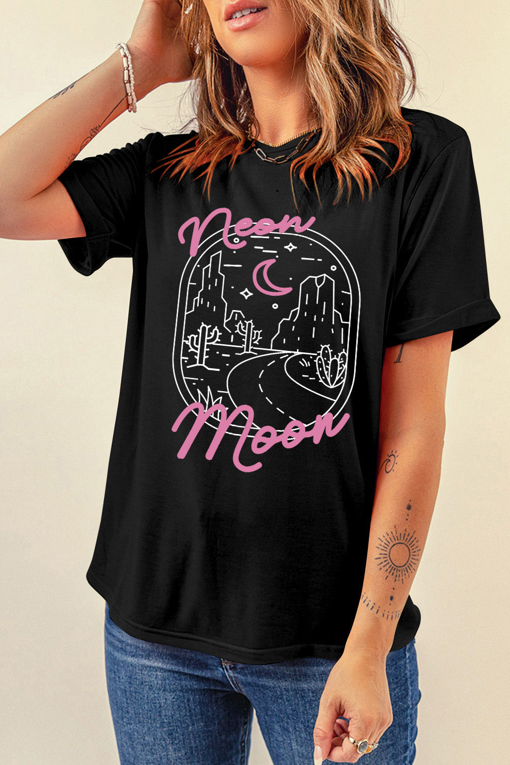 Black Tropical neon moon Letter Graphic Short Sleeve T Shirt