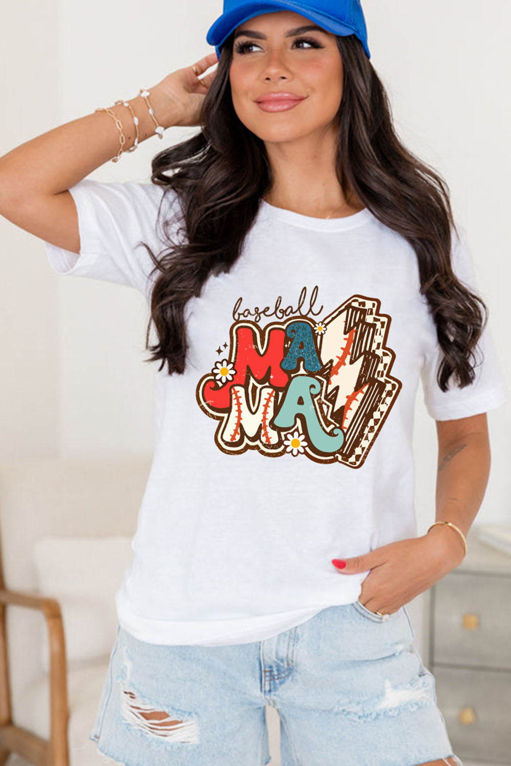 White MAMA Baseball Lightning Graphic Round Neck Tee