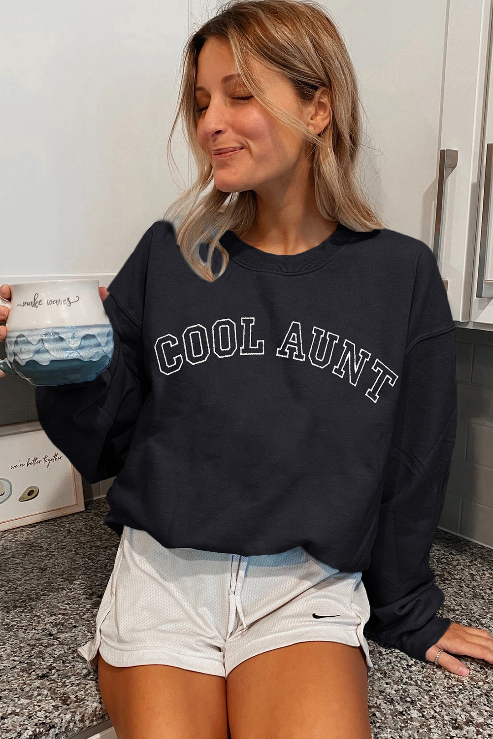 Black COOL AUNT Embroidered Letter Graphic Sweatshirt
