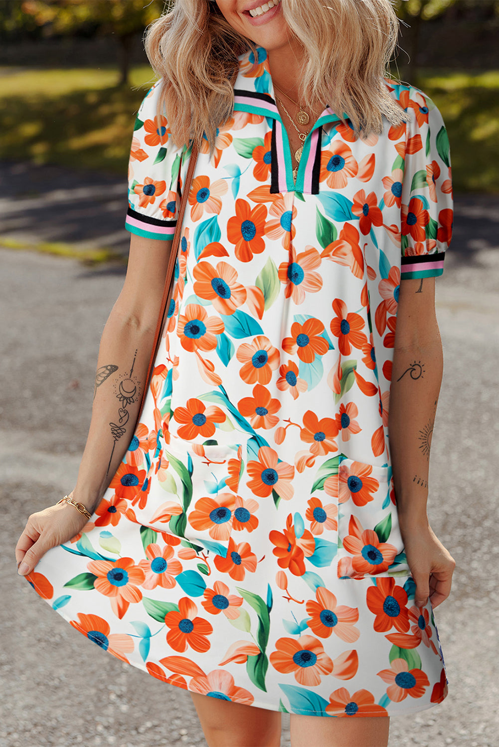 Orange Pop of Color Split Neck Puff Sleeve Floral Mini Dress