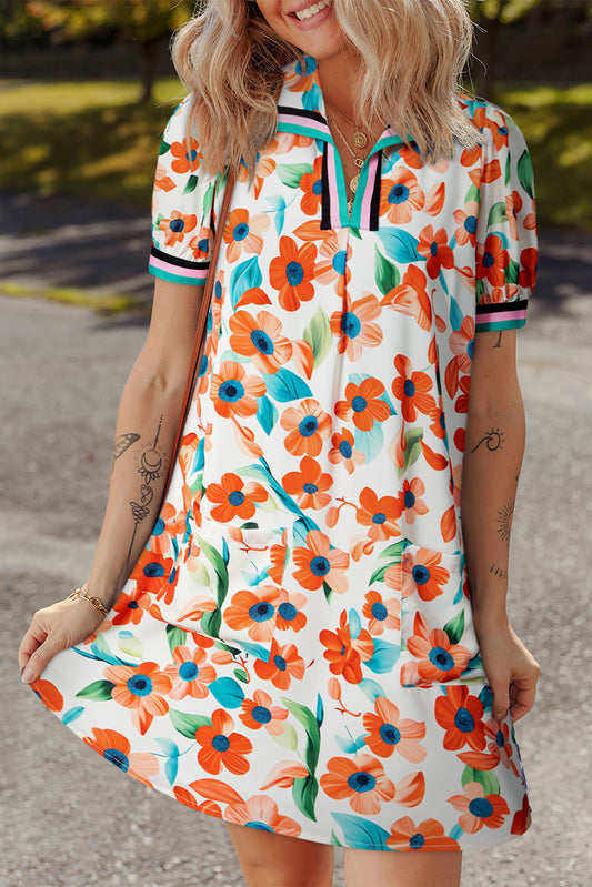 Orange Pop of Color Split Neck Puff Sleeve Floral Mini Dress