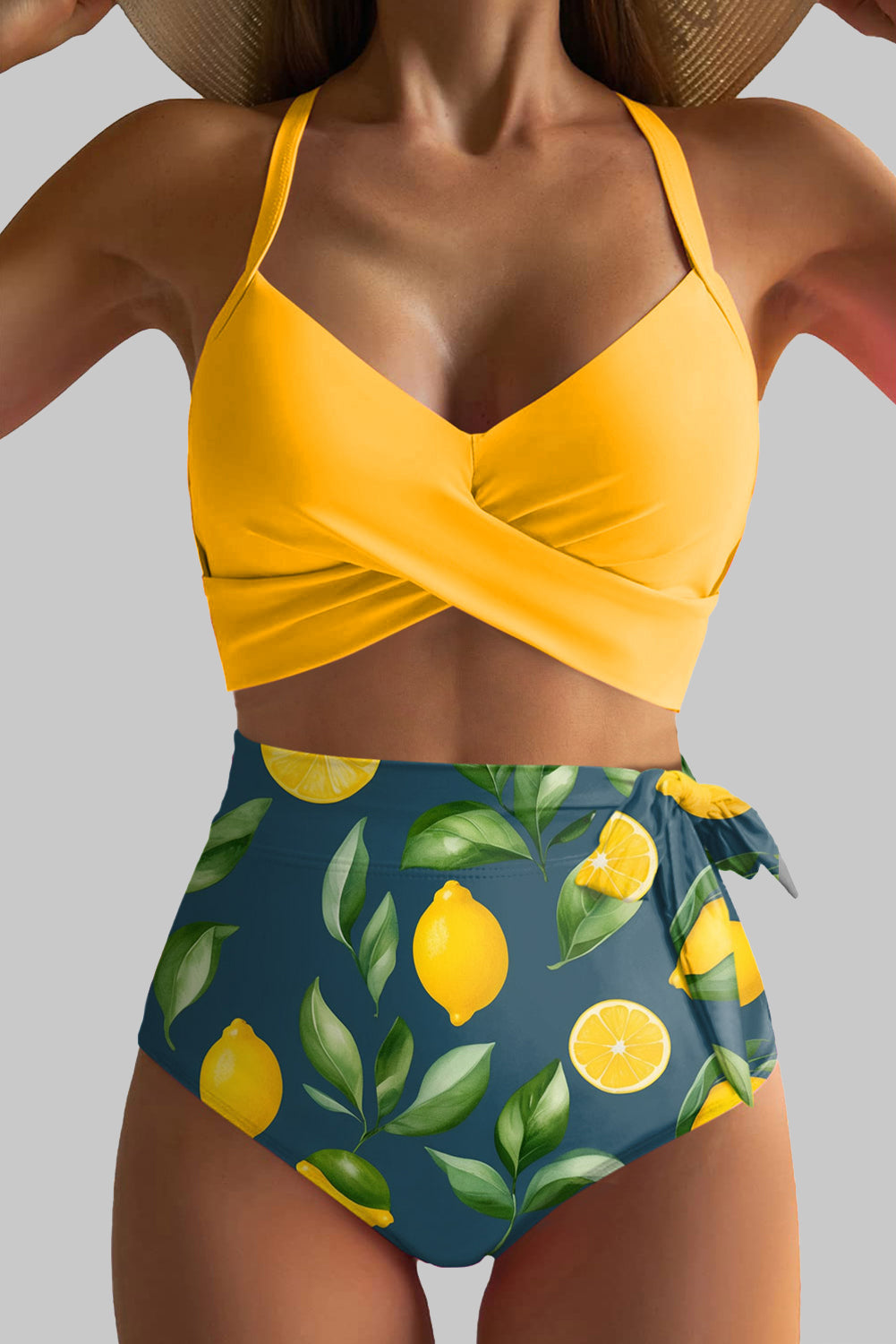 Yellow Crossed Straps Twisted Tropical Print Knot Side High Waist Bottom 2pcs Swimsuit
