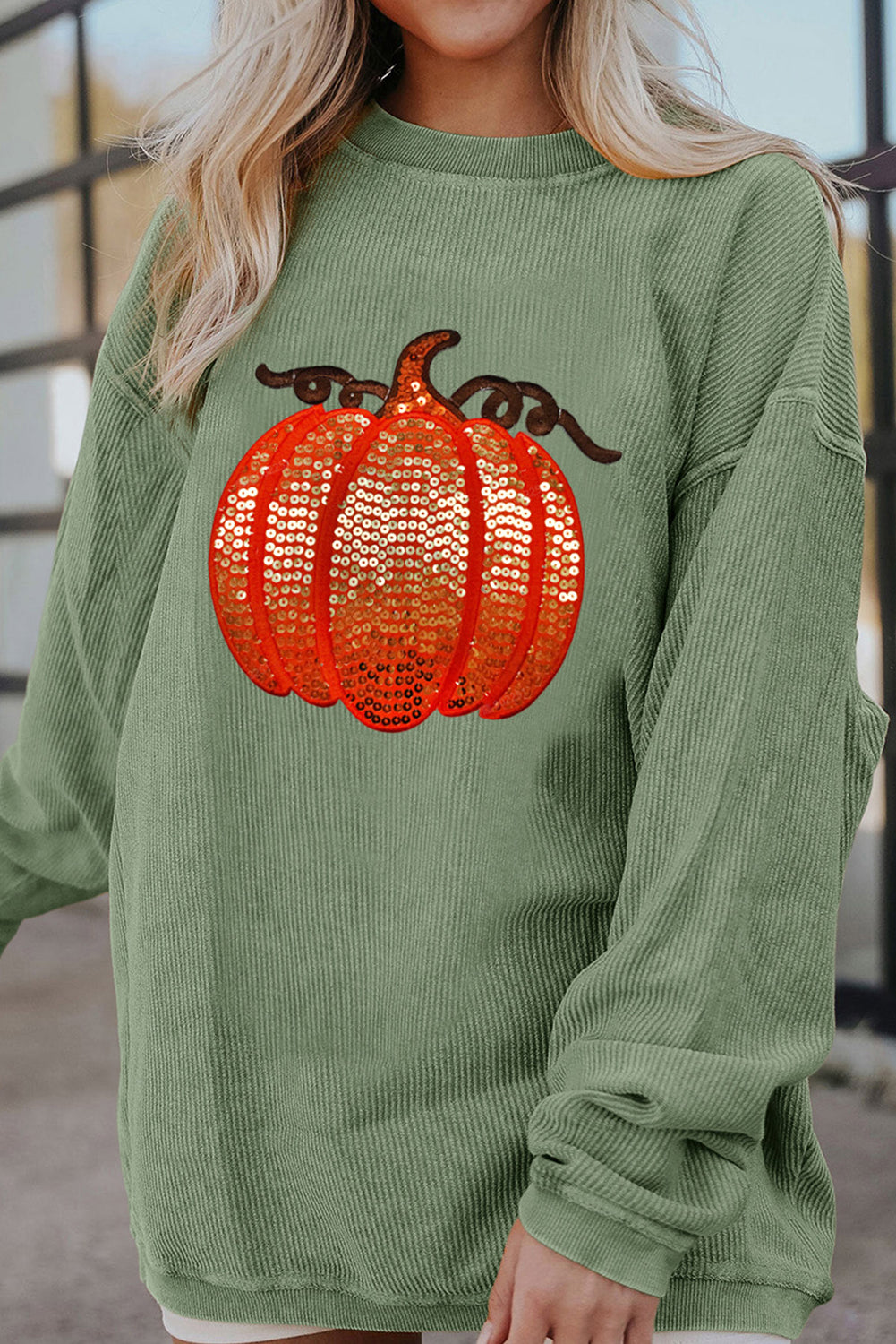 Orange Crinkle Ribbed Thanksgiving Sequin Pumpkin Graphic Sweatshirt