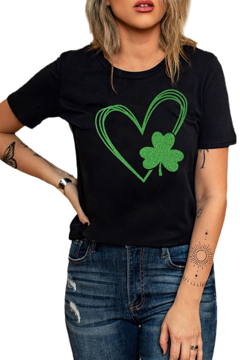 Black Glitter Clover Heart Print St Patricks Day Graphic Tee