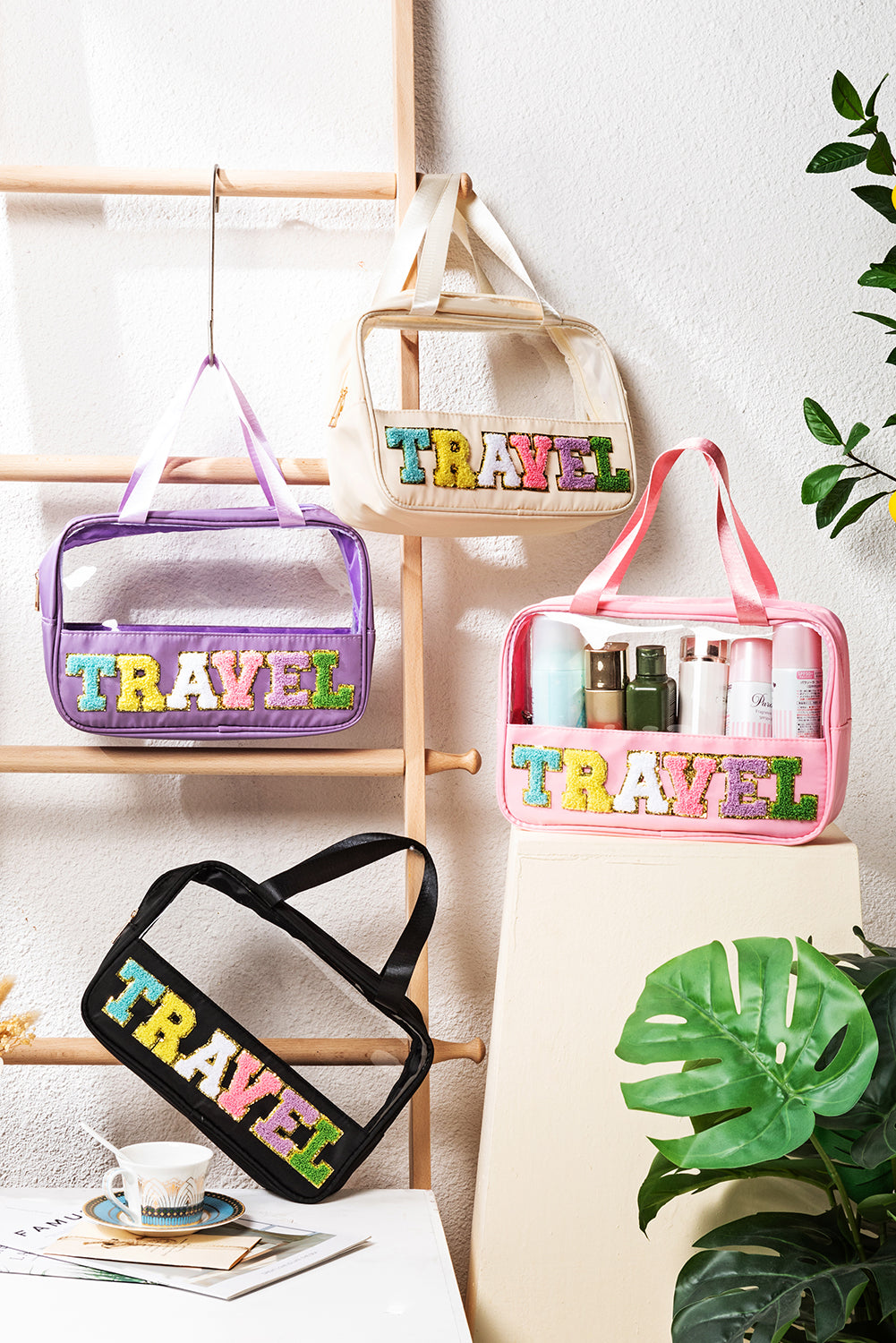 Purple TRAVEL Letter Clear PVC Makeup Bag