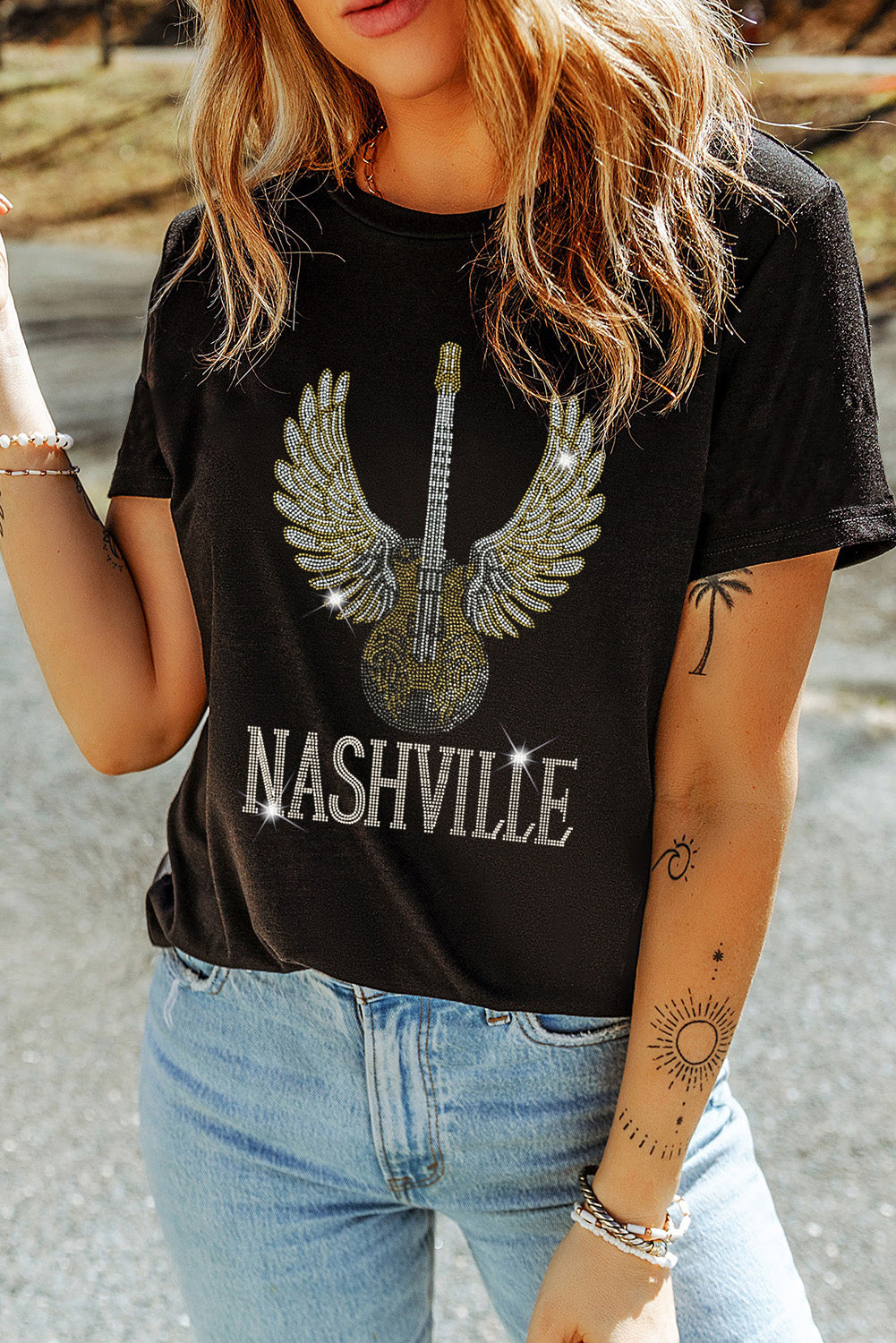 Black Rhinestone Guitar NASHVILLE Graphic T Shirt