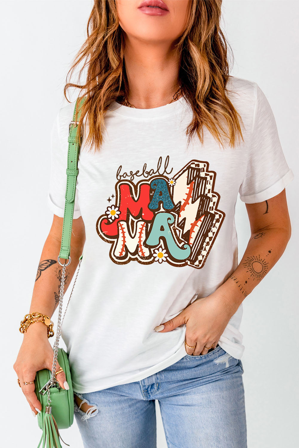 White MAMA Baseball Lightning Graphic Round Neck Tee