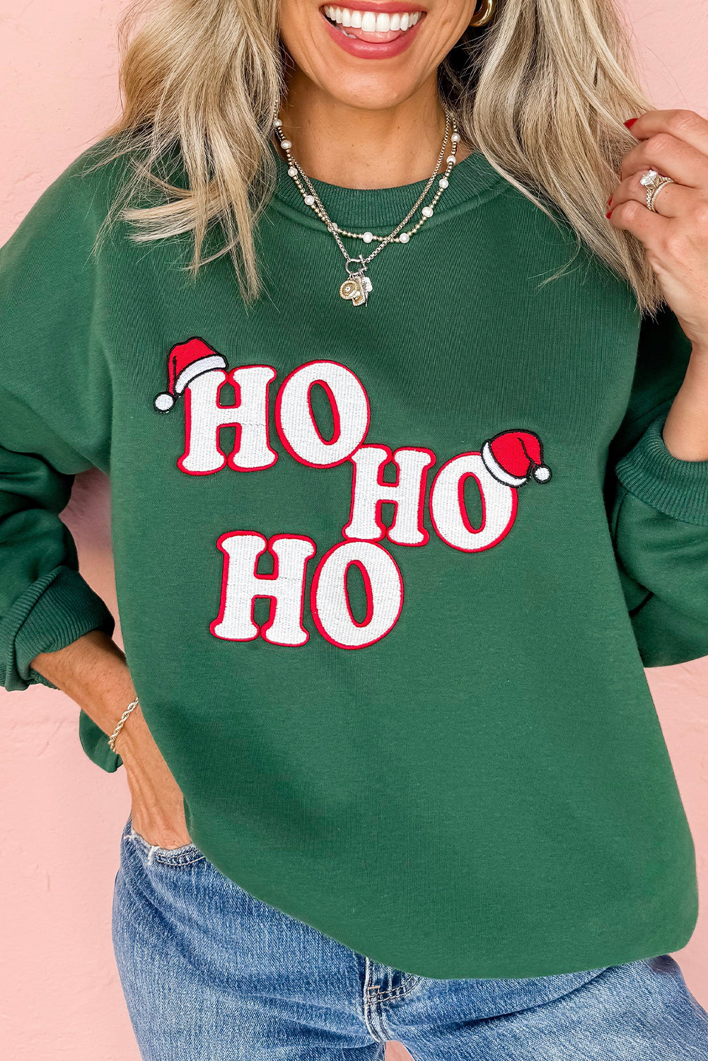 Evergreen Embroidered Letter Graphic Christmas Fashion Sweatshirt ho ho ho