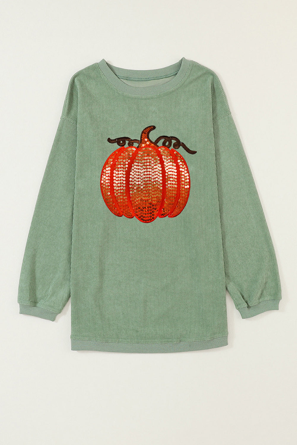 Orange Crinkle Ribbed Thanksgiving Sequin Pumpkin Graphic Sweatshirt