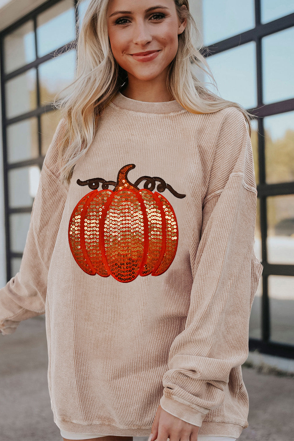 Orange Crinkle Ribbed Thanksgiving Sequin Pumpkin Graphic Sweatshirt