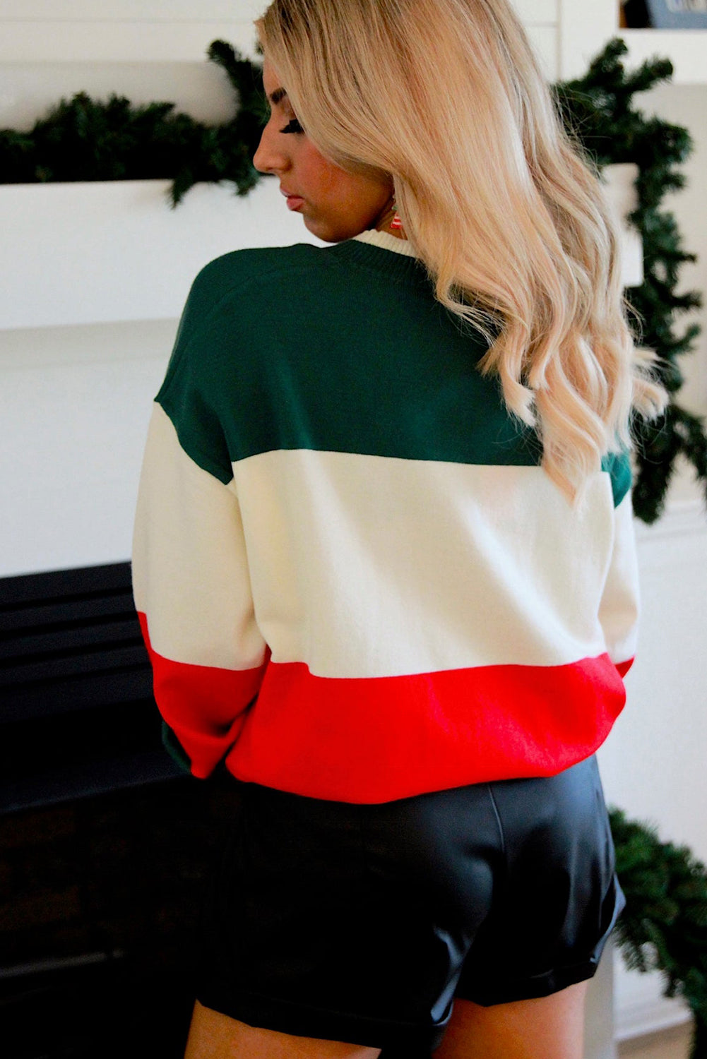 Green HOLLY JOLLY Sequined Colorblock Crew Neck Sweater Christmas
