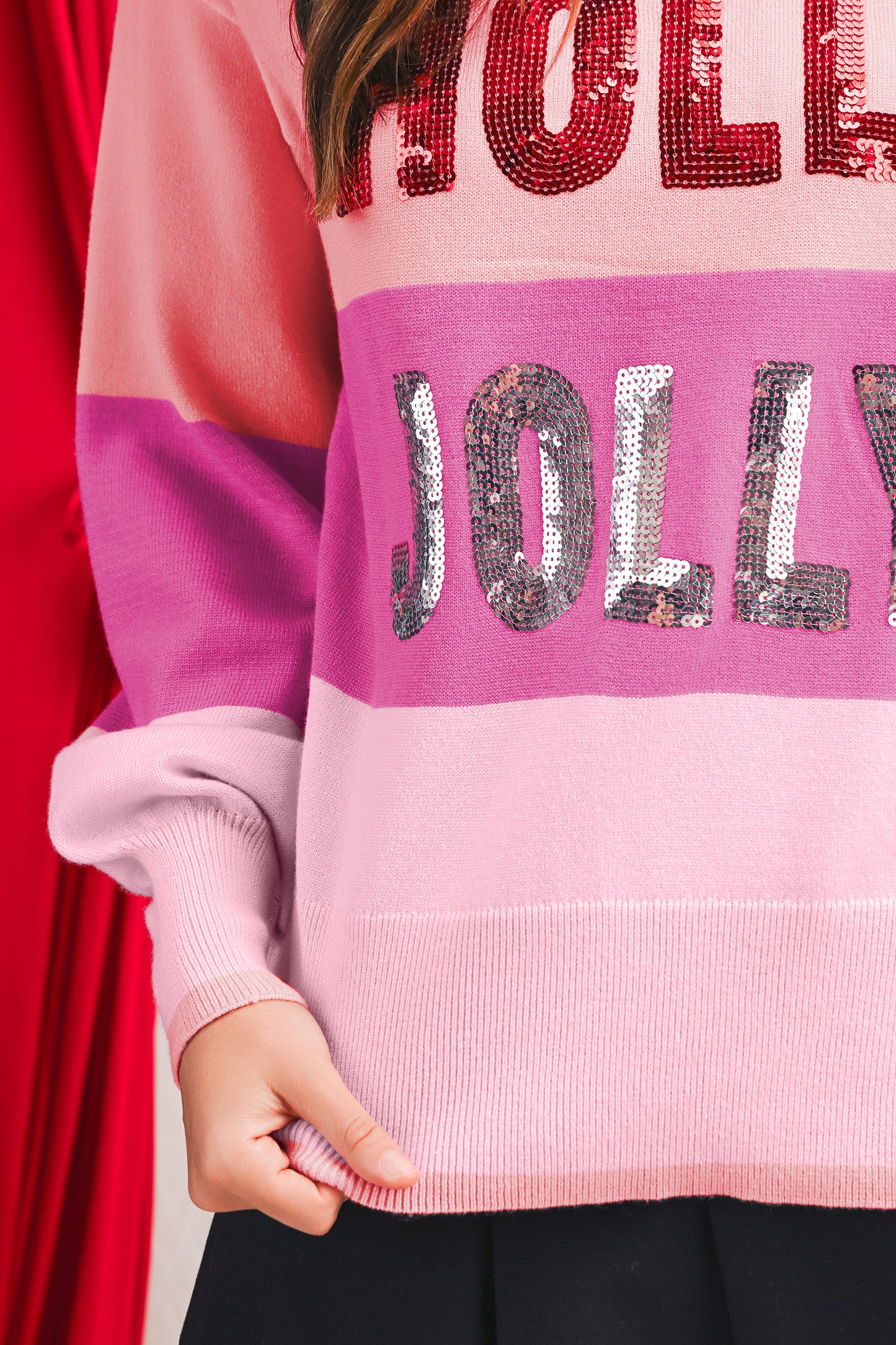 Green HOLLY JOLLY Sequined Colorblock Crew Neck Sweater Christmas