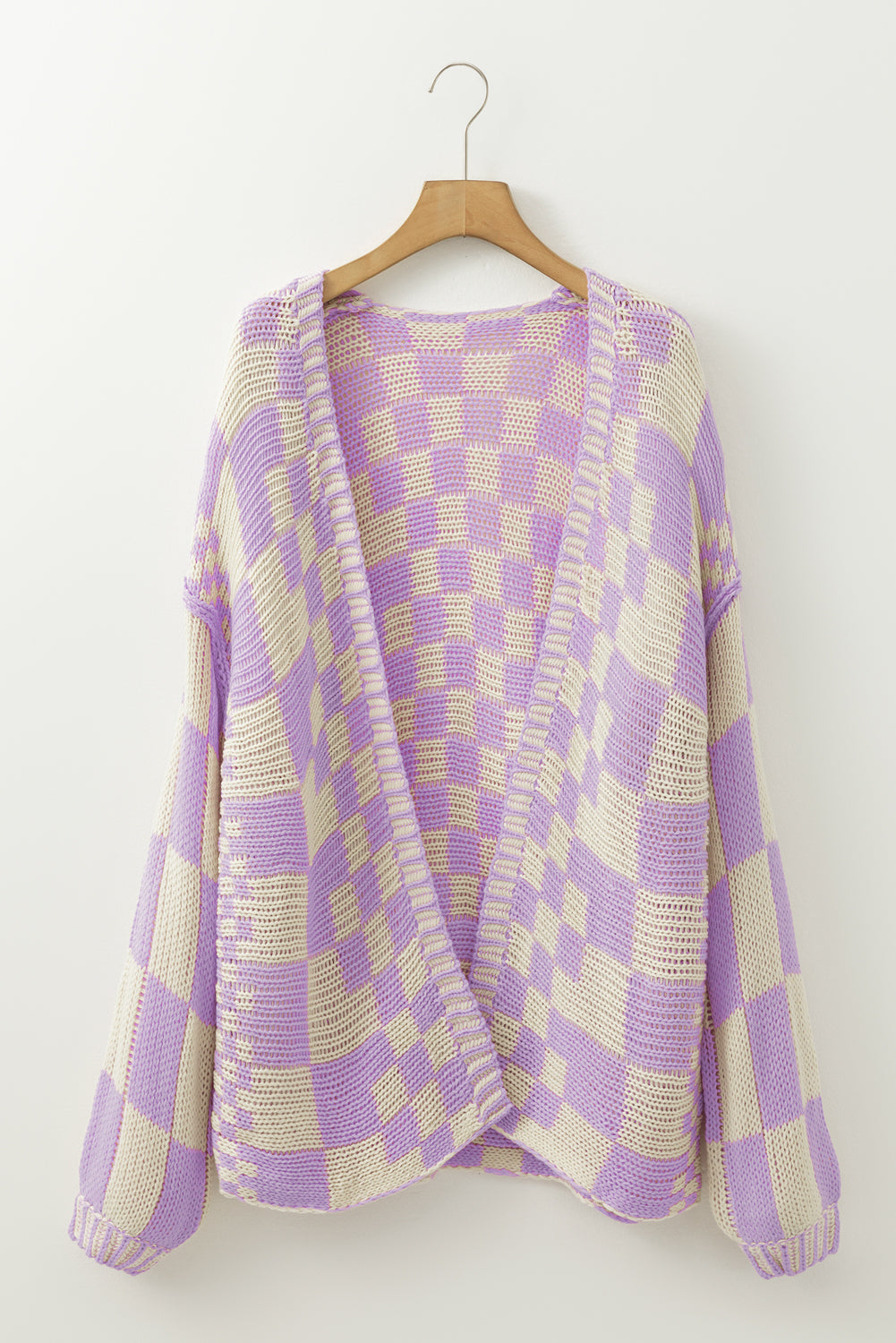 Colorblock Checked Open Front Knitted Cardigan