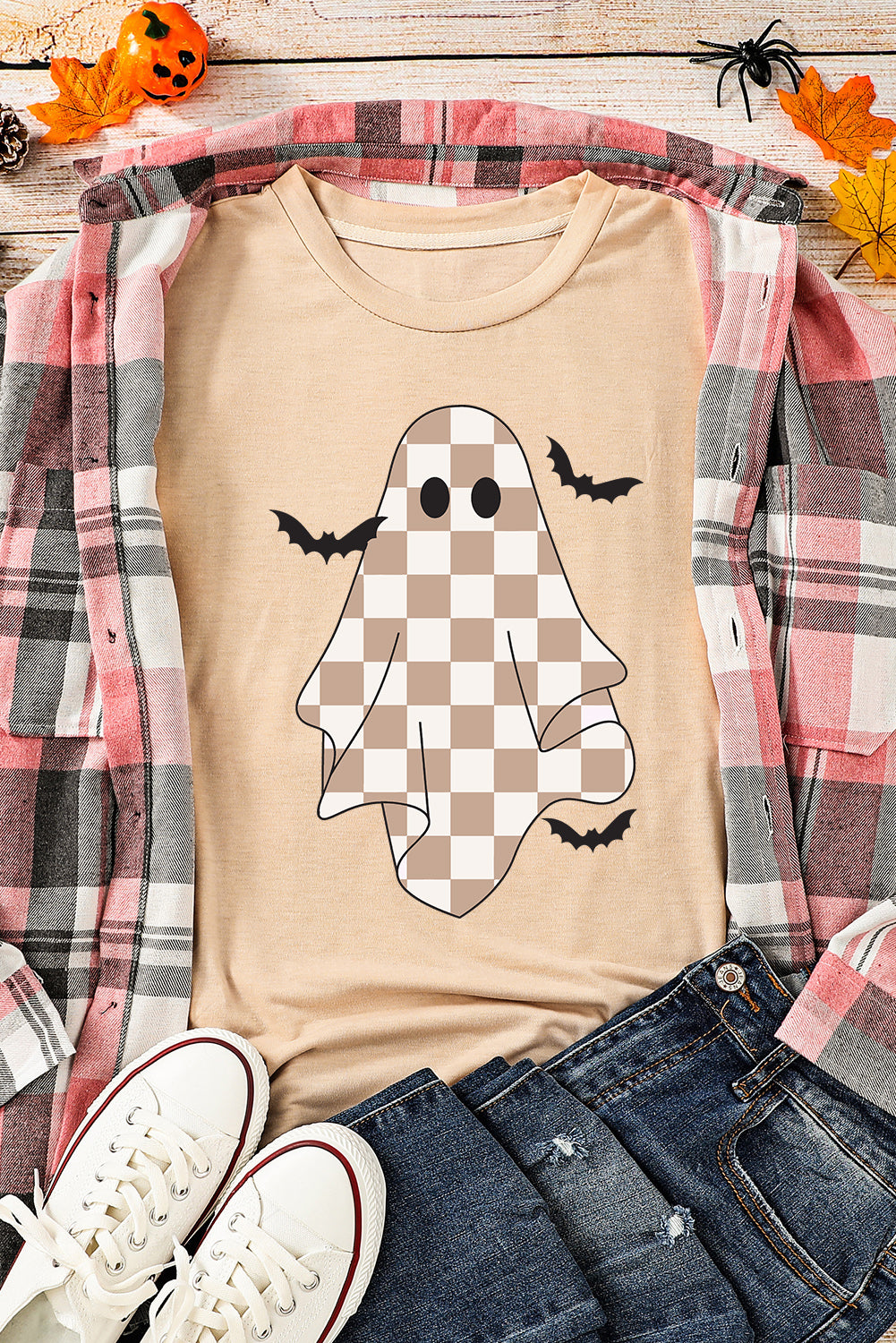 Khaki Ghost Bat Heat Transfer Printing Halloween Holiday Graphic Tee