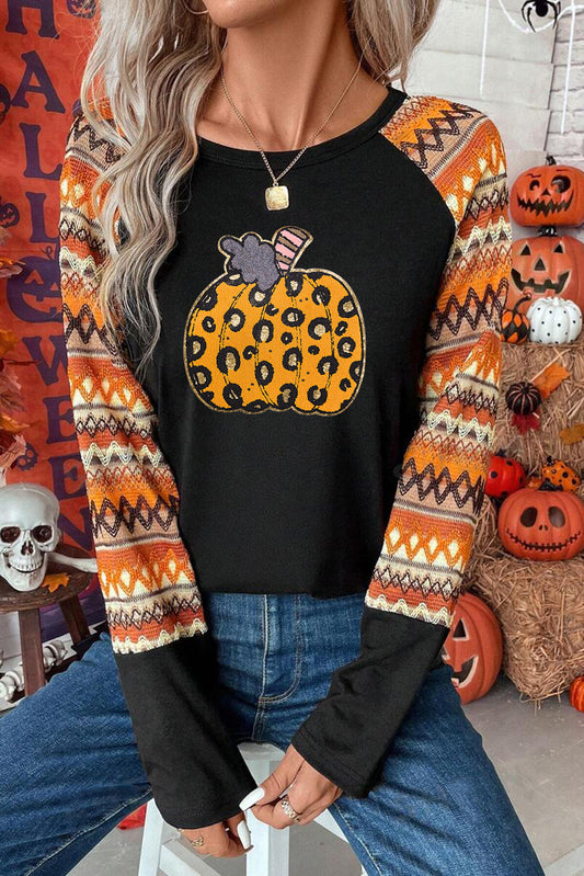 Orange Leopard Pumpkin Patched Contrast Long Sleeve Top