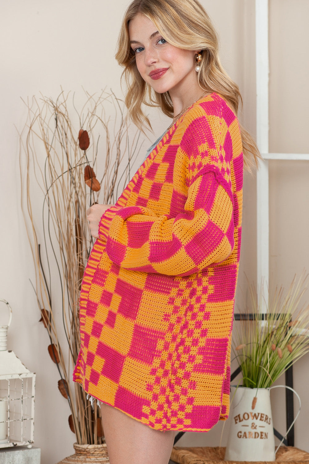 Colorblock Checked Open Front Knitted Cardigan