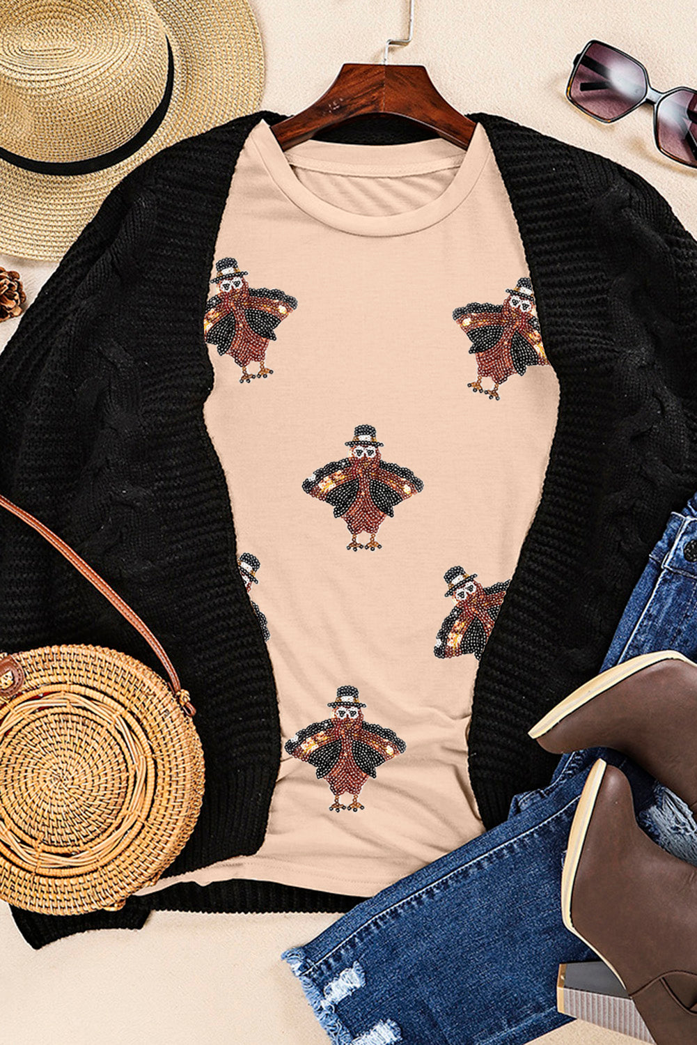 Khaki turkey thanksgiving Sequin Print Round Neck Graphic Tee