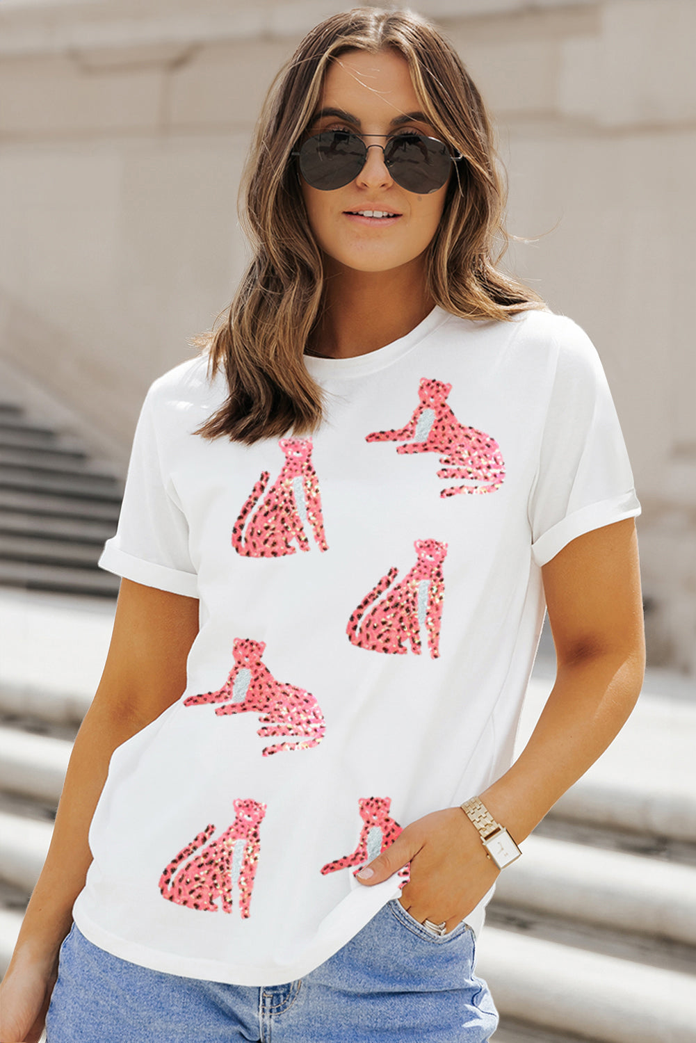 White Sequined Cheetah Graphic Round Neck Tee