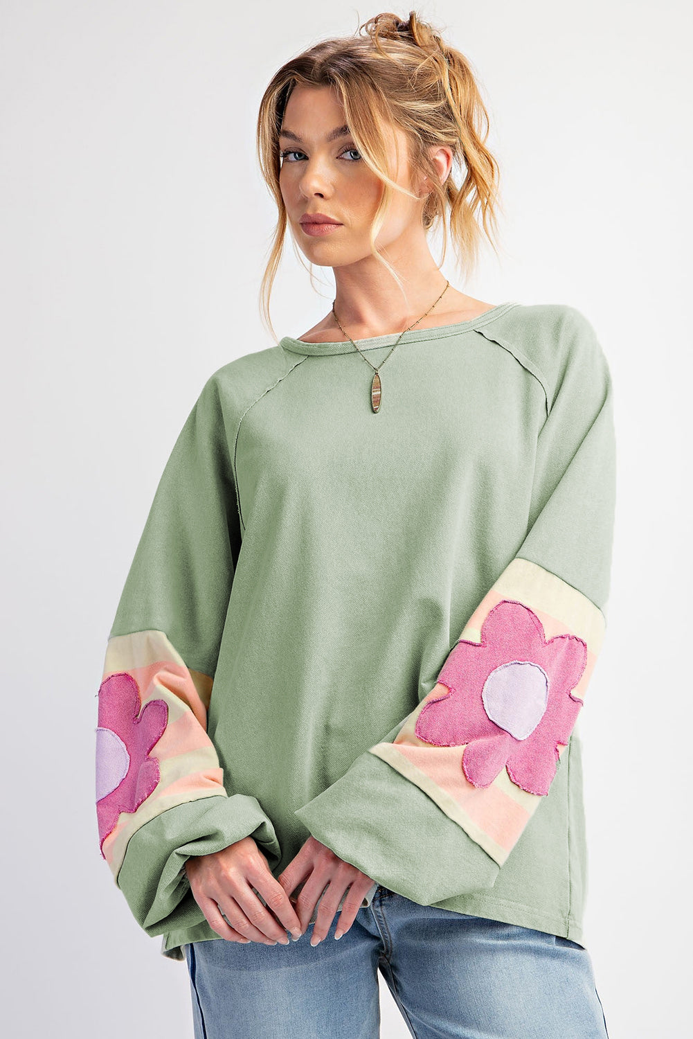 DUNE Flower Patchwork Exposed Seam Raglan Sleeve Top