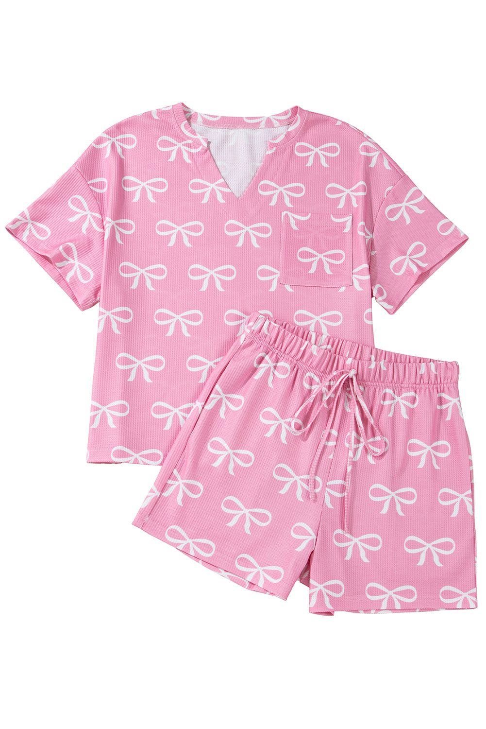 Pink Waffle Knit Bowknot Printed two piece V Neck T Shirt And Shorts Set