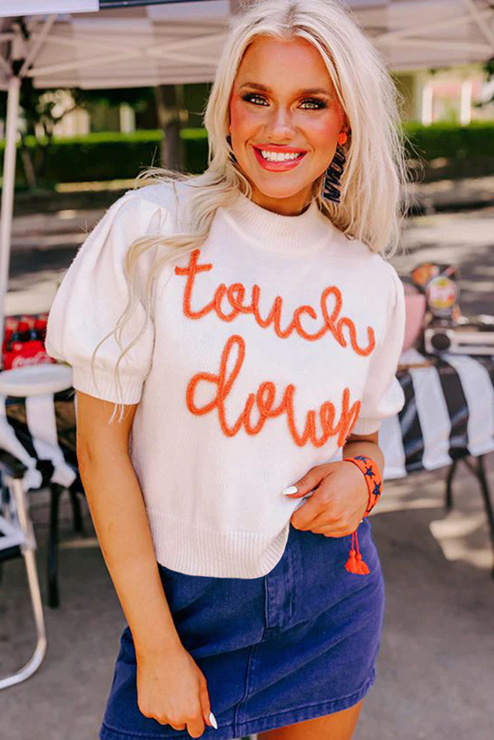 White Touchdown Tinsel Puff Short Sleeve Sweater football