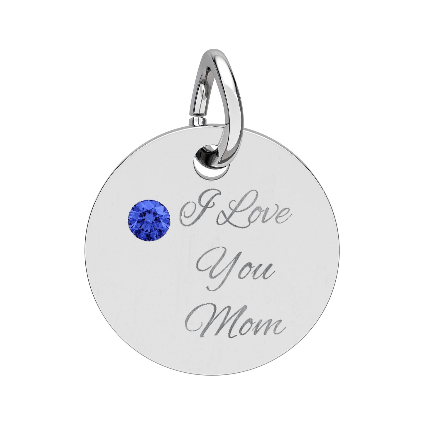 Birthstone Circle Charm Engraved I Love You Mom mothers day Silver Pendant