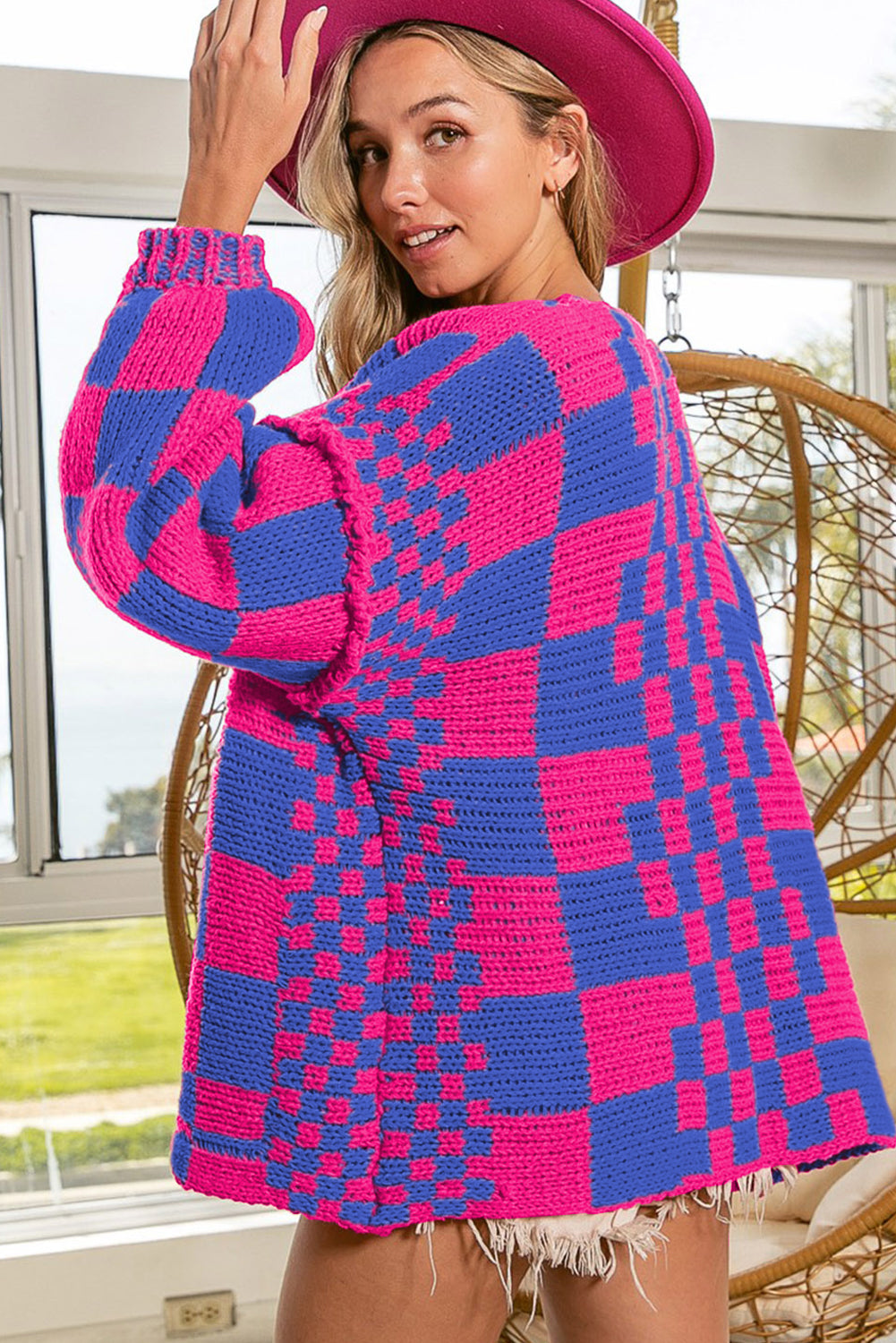 Colorblock Checked Open Front Knitted Cardigan