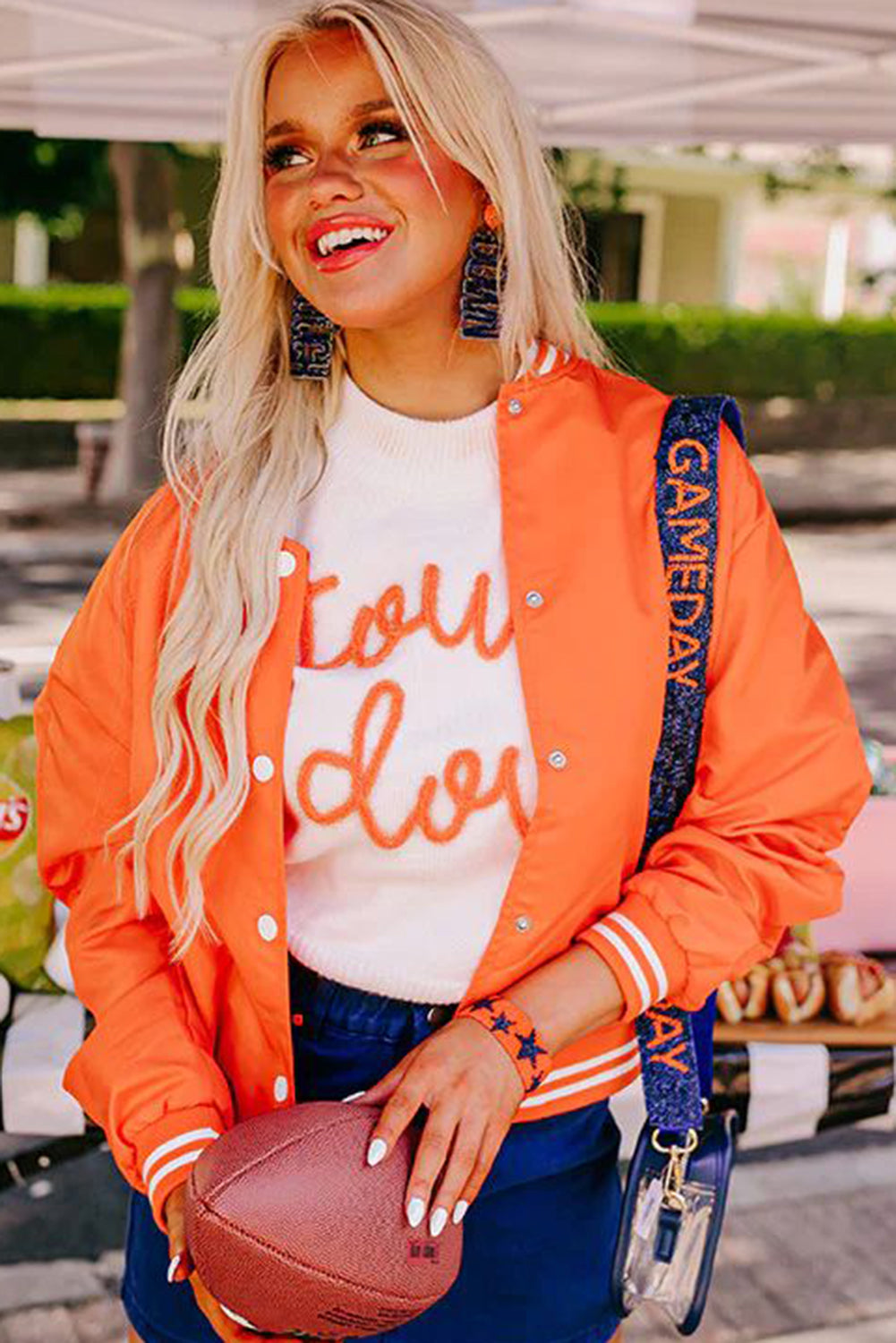 White Touchdown Tinsel Puff Short Sleeve Sweater football