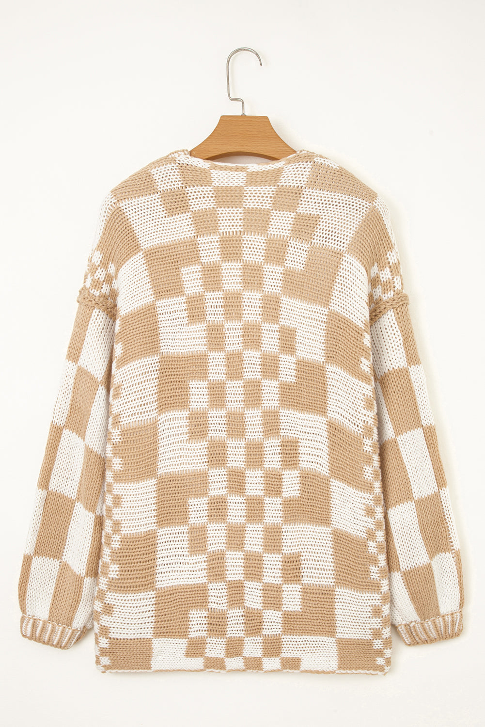 Colorblock Checked Open Front Knitted Cardigan