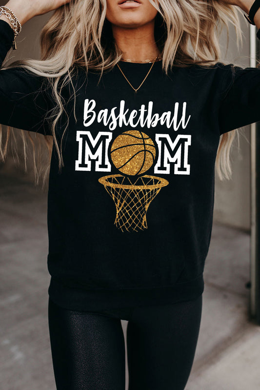 Black Basketball MOM Graphic Long Sleeve Round Neck Top