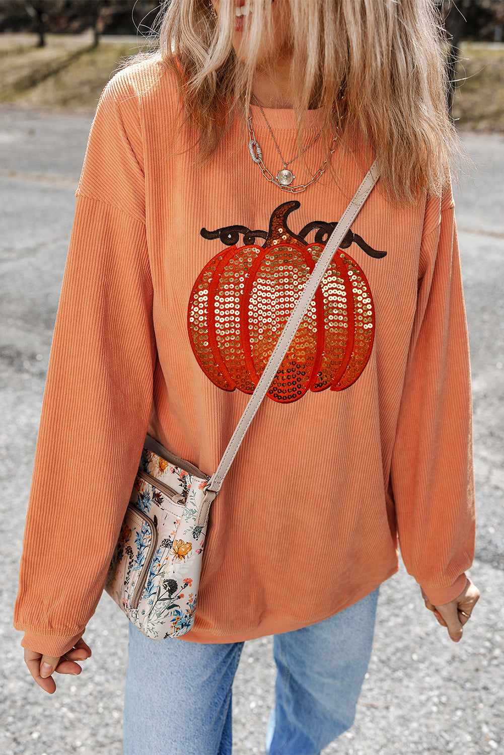 Orange Crinkle Ribbed Thanksgiving Sequin Pumpkin Graphic Sweatshirt