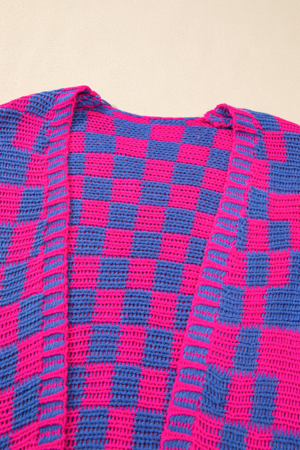 Colorblock Checked Open Front Knitted Cardigan