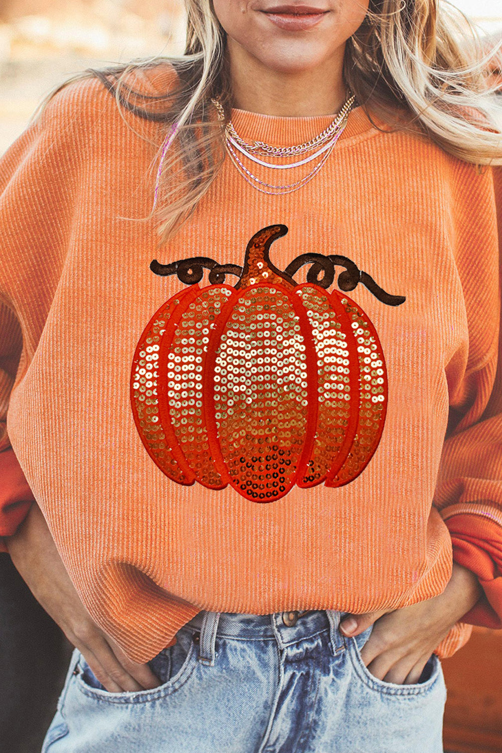 Orange Crinkle Ribbed Thanksgiving Sequin Pumpkin Graphic Sweatshirt