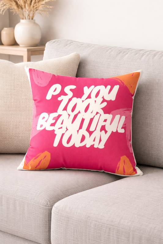 PS You Look Beautiful Today Pillow | Pink Script Accent Pillow