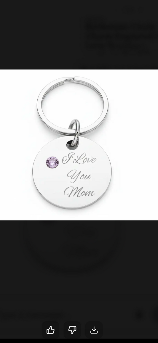 Birthstone Circle Charm Engraved I Love You Mom mothers day Silver Pendant