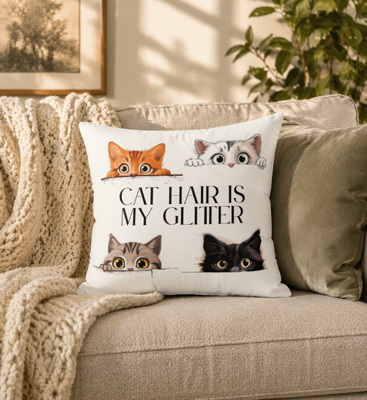 Cat Hair is My Glitter Pillow, Cat Lover Gift, Cozy Home Decor, Funny Pillow for Cat Owners, Pet Themed Square Cushion