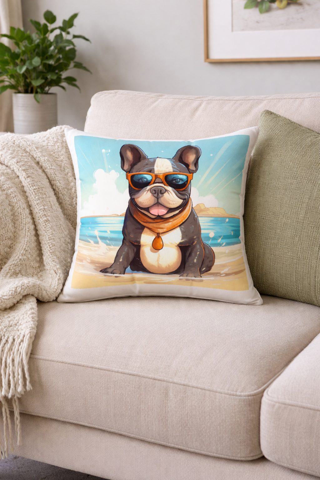 Beachy Dog Framed Pillow, Pet Lover Gift, Summer Home Decor, Gift for Dog Owners, Cute Upholstery Accessory