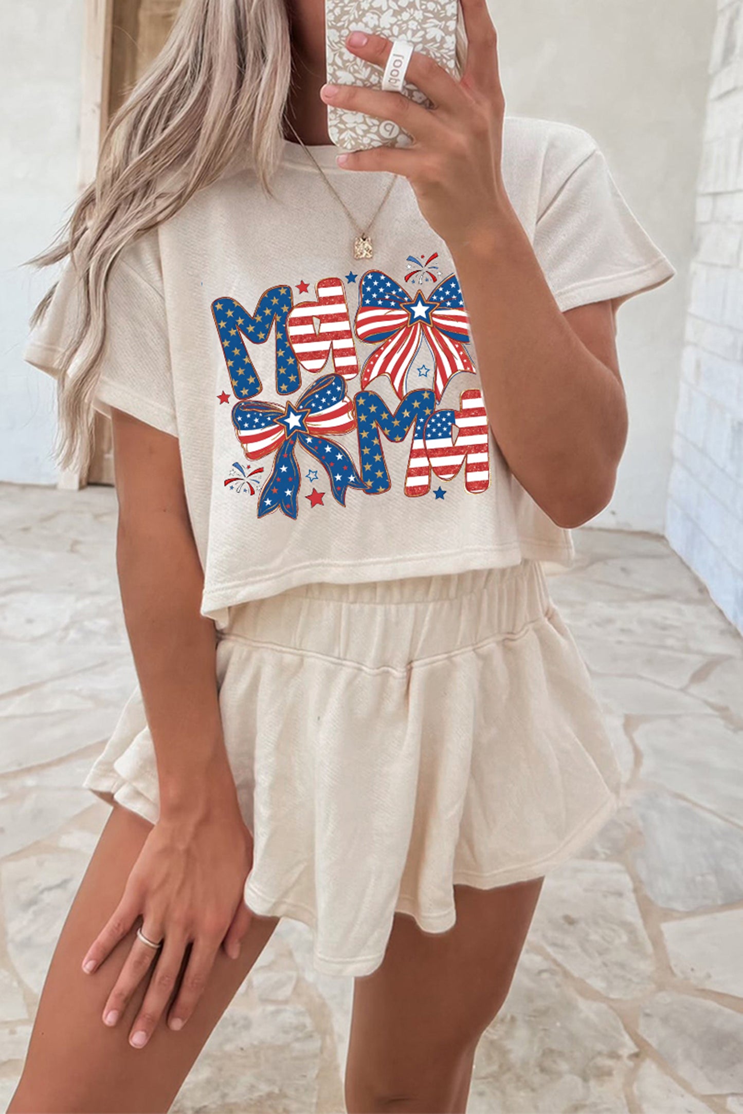 Beige Coquette Bow Patriotic MAMA Printed Crop Top Ruffle Skort 2 piece Set 4th of July