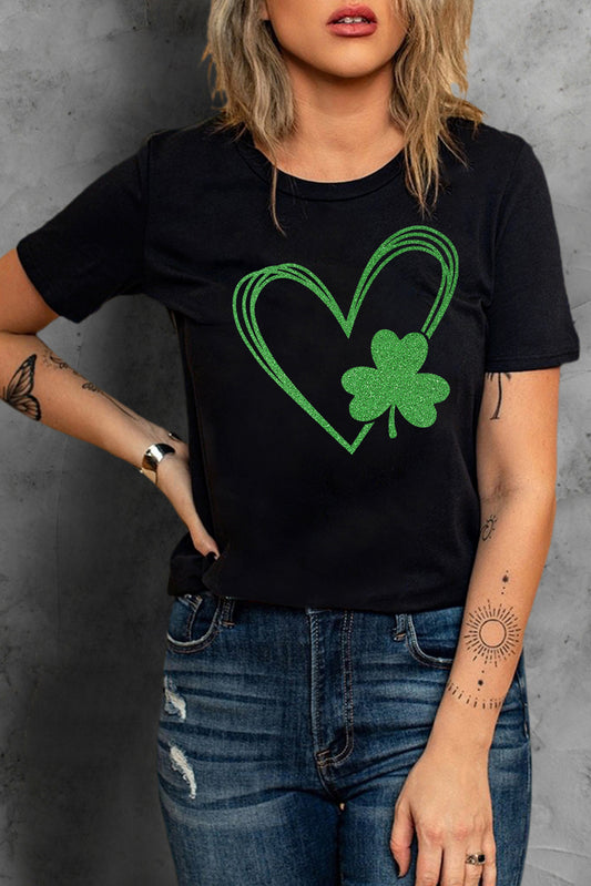 Black Glitter Clover Heart Print St Patricks Day Graphic Tee