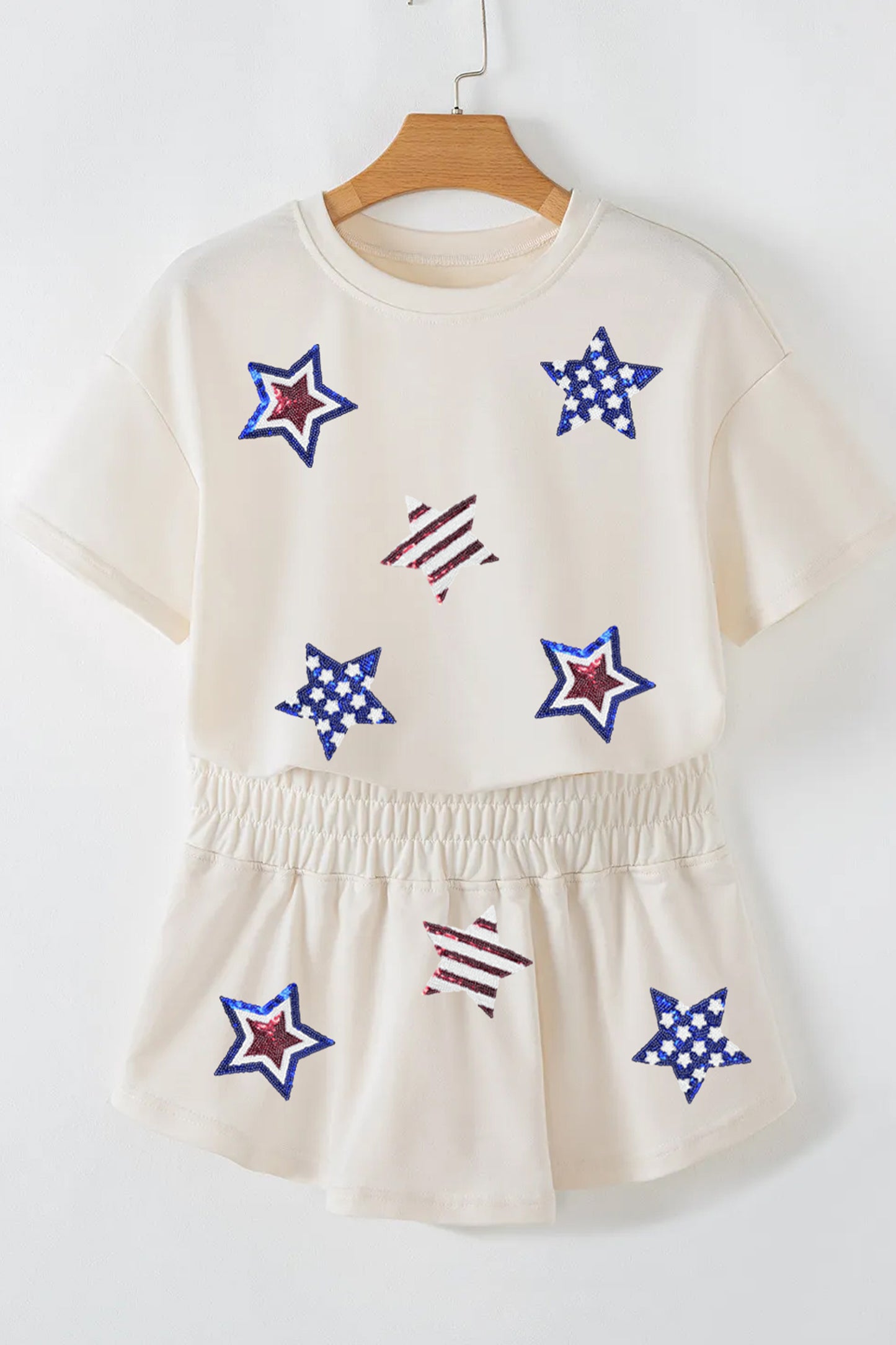 Beige Sequin Patriotic Star Cropped Tee Skort 2 piece Set 4th of July