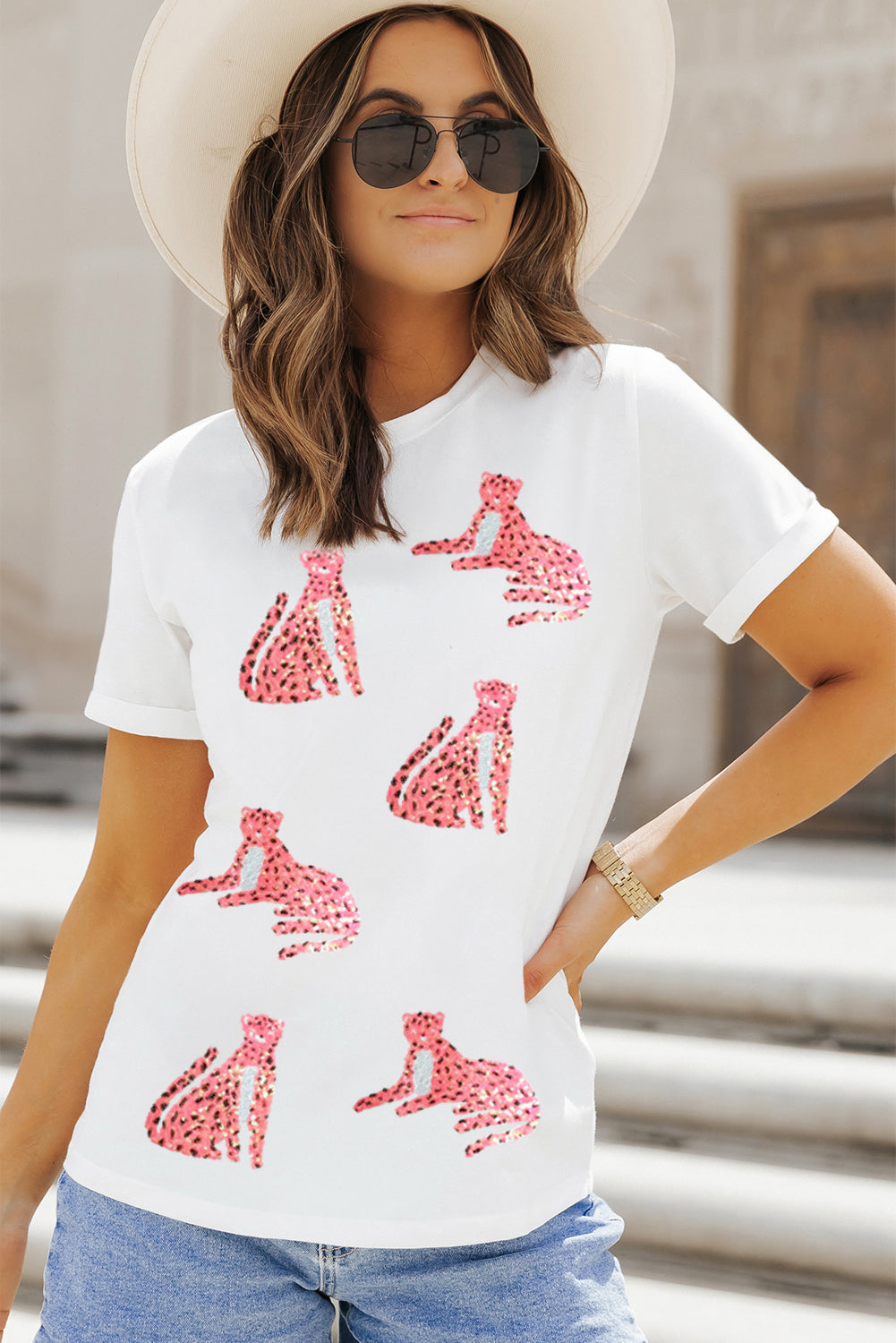 White Sequined Cheetah Graphic Round Neck Tee