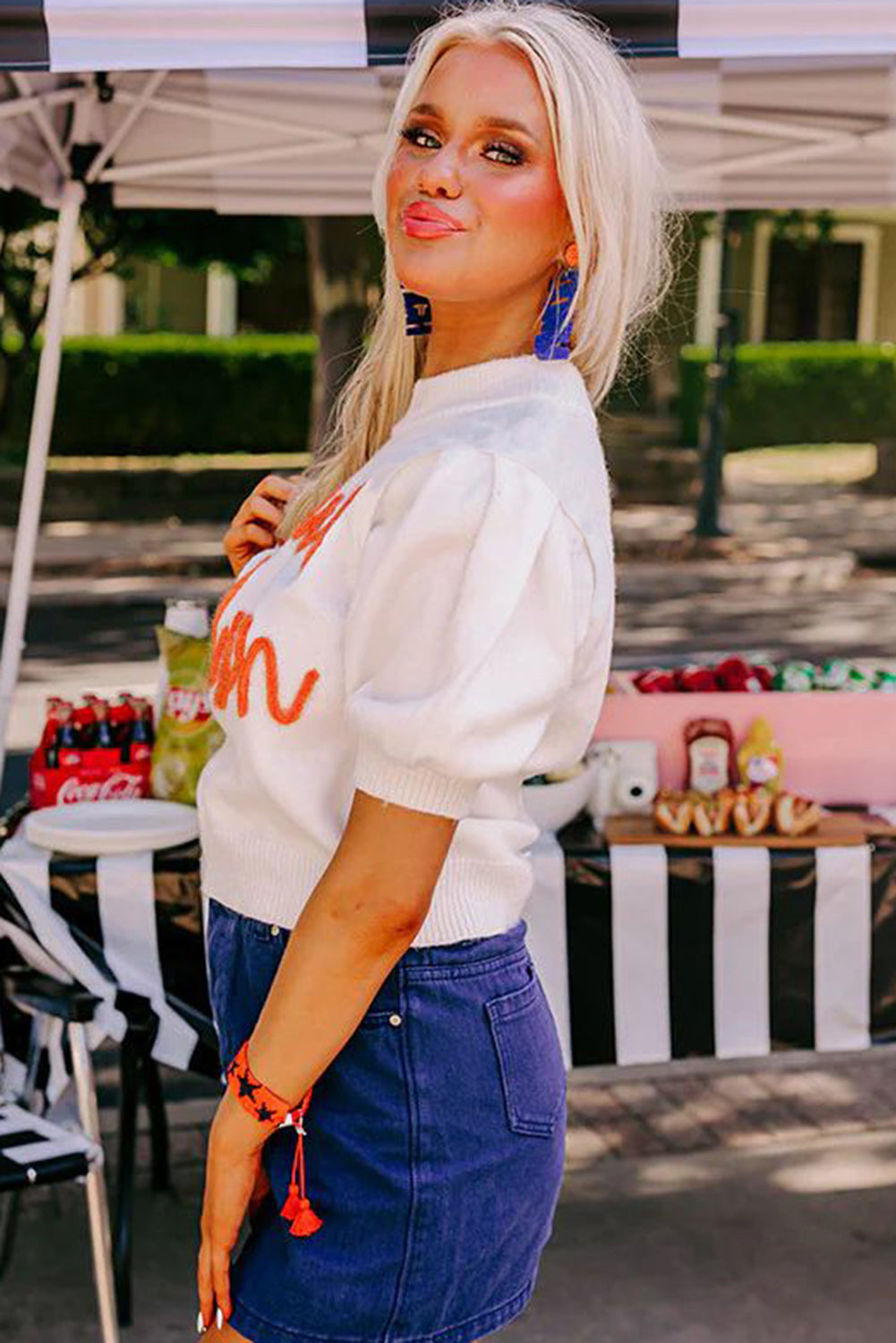 White Touchdown Tinsel Puff Short Sleeve Sweater football