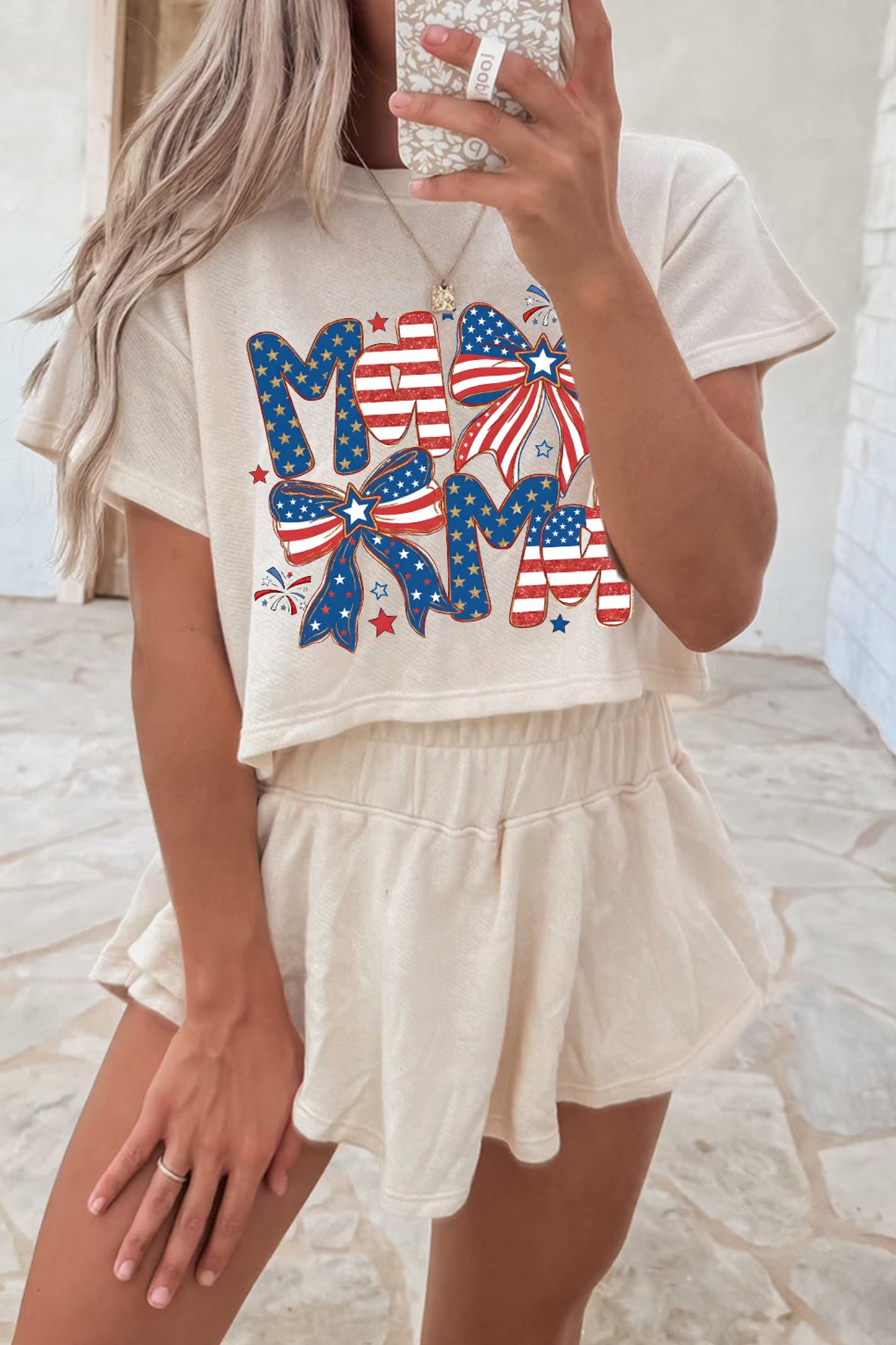 Beige Coquette Bow Patriotic MAMA Printed Crop Top Ruffle Skort 2 piece Set 4th of July