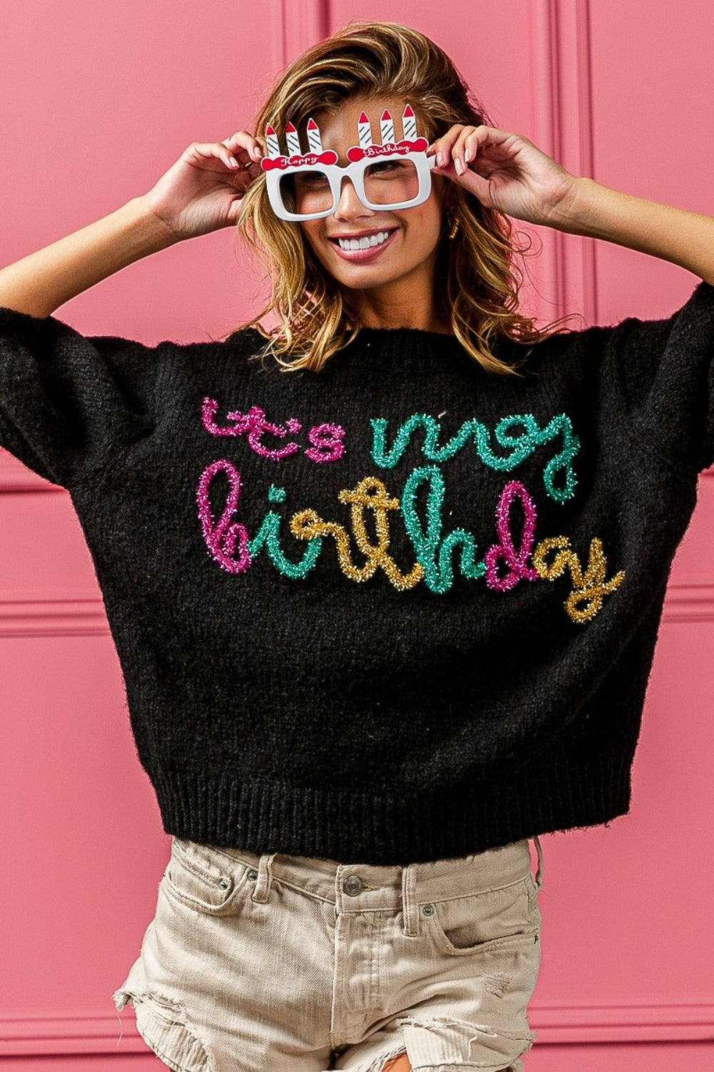 BiBi Metallic Letter Puff Sleeve Hairy Sweater It's My Birthday