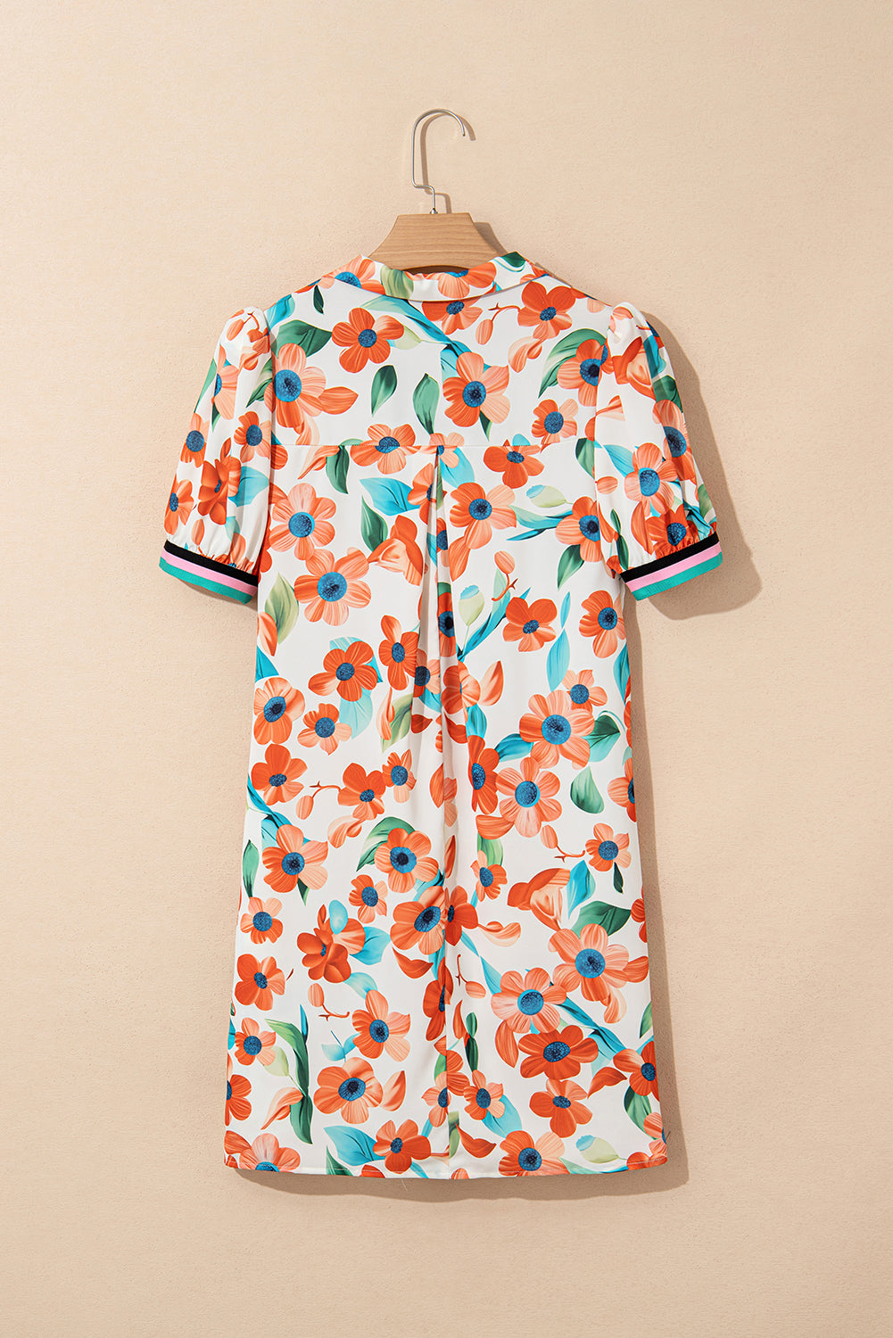 Orange Pop of Color Split Neck Puff Sleeve Floral Mini Dress