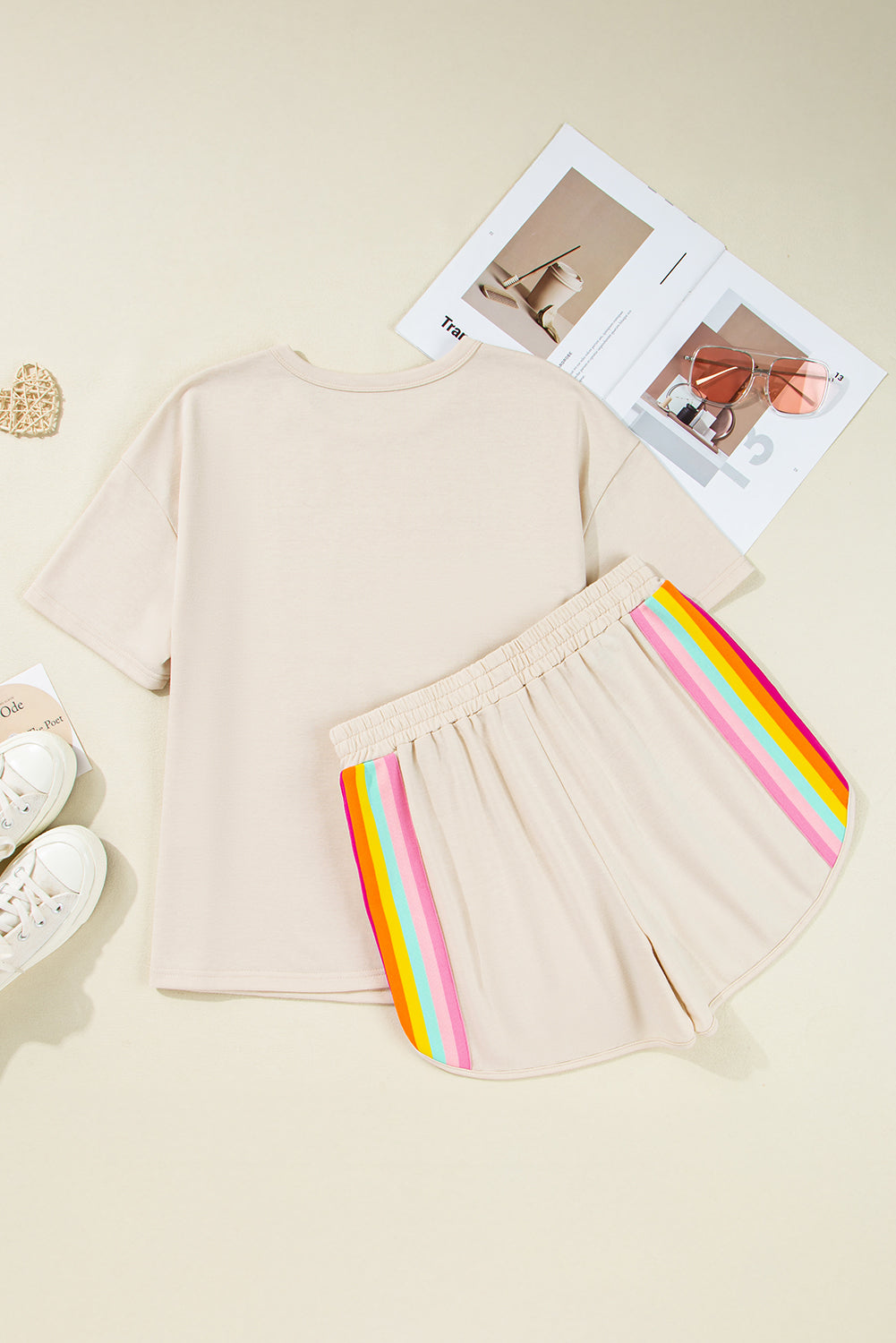 Beige Vibrant Striped Detail Athleisure 2pcs Short Set